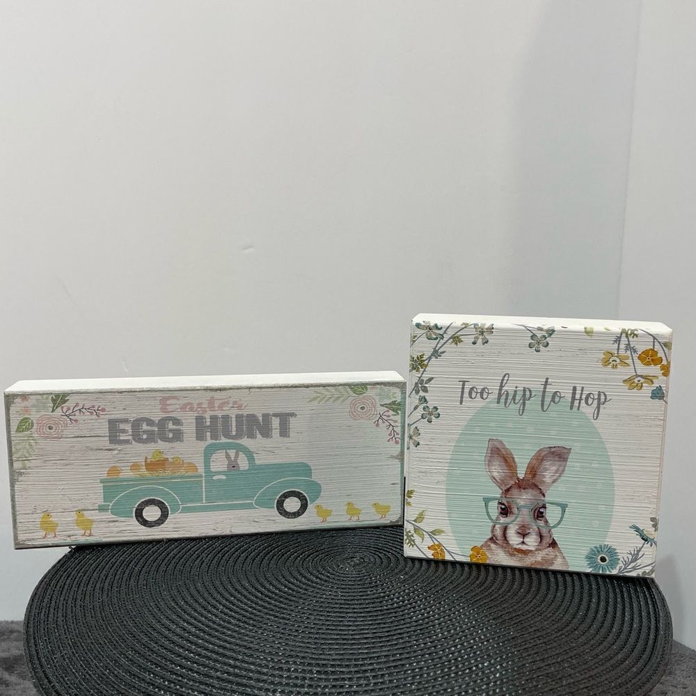 Easter Egg Hunt and Too Hip to Hop Wooden Signs Set of 2 NWT